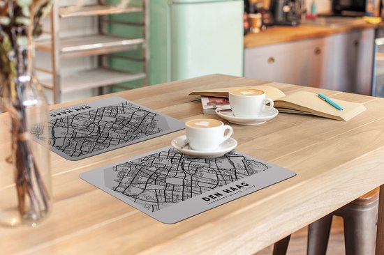 Placemat - Placemats kunststof - Kaart - Den Haag - Zwart - Wit - 45x30 cm - 6 stuks - Hittebestendig - Anti-Slip - Onderlegger - Afneembaar