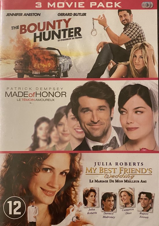 3-film pack: The Bounty Hunter, Made of Honor, My Best Friend's Wedding. Met Jennifer Aniston, Gerard Butler, Patrick Dempsey, Julia Roberts.