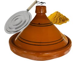 Marokkaanse authentieke aardewerk tajine 35 cm + Kruiden en vlamverdeler - cadeau pakket