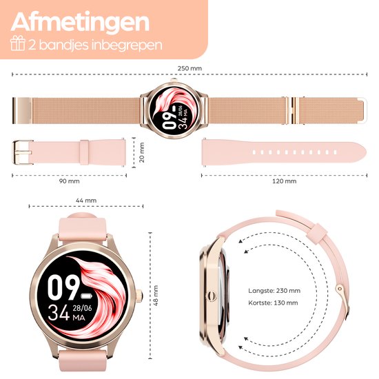 Actyve Smartwatch Amoled Dames Rosé Goud - Geschikt voor elke smartphone - Horloge dames - Stappenteller - Slaapmonitor - Saturatiemeter - Full Touchscreen