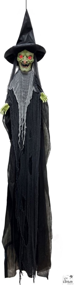 Halloween Hangdeco Groene Heks met licht en geluid 3.60 m