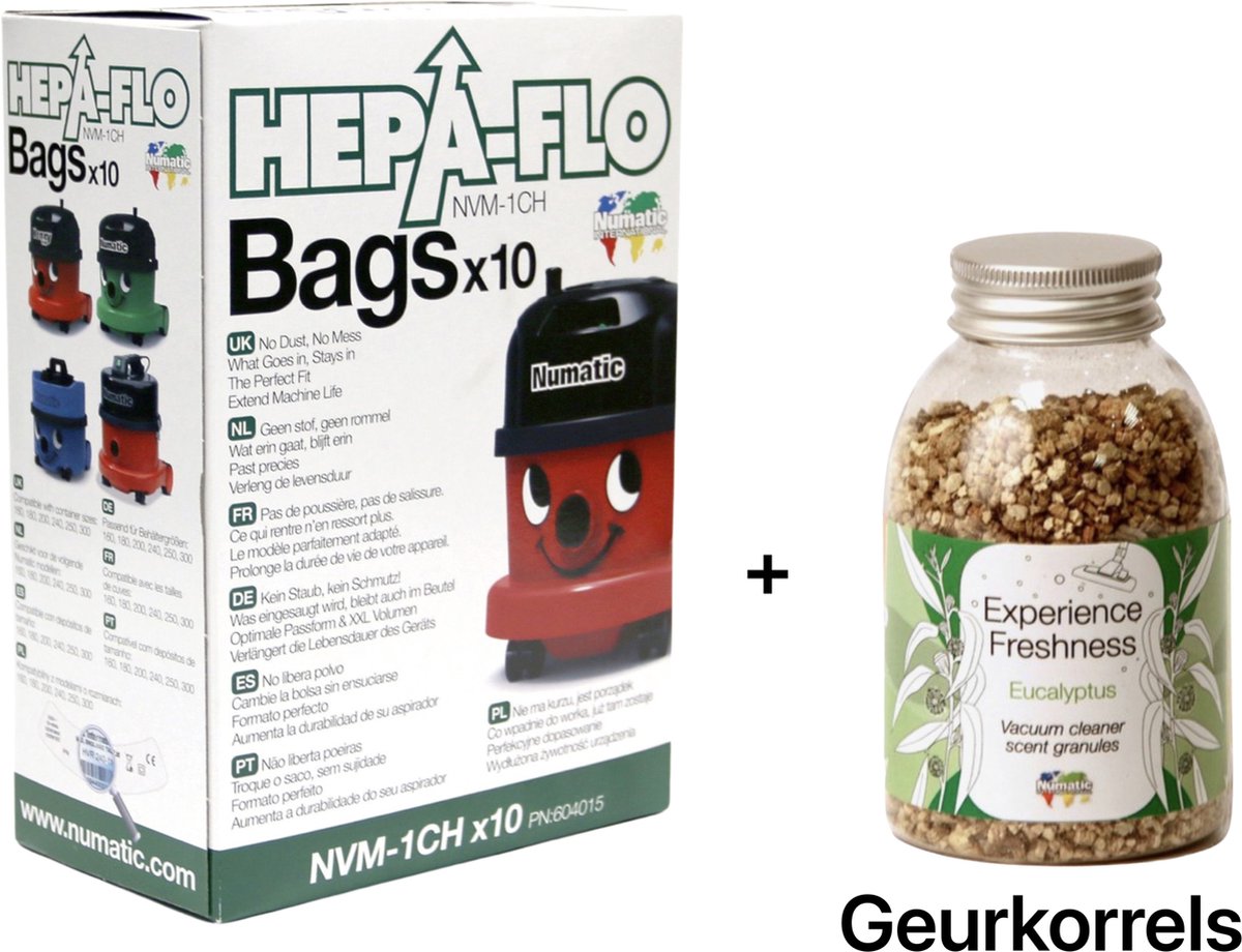 Numatic - Stofzuigerzakken + Geurkorrels (eucalyptus geur) - Hepa flo bags - Voor Henry/Hetty - NVM 1CH X10 - COMBIDEAL