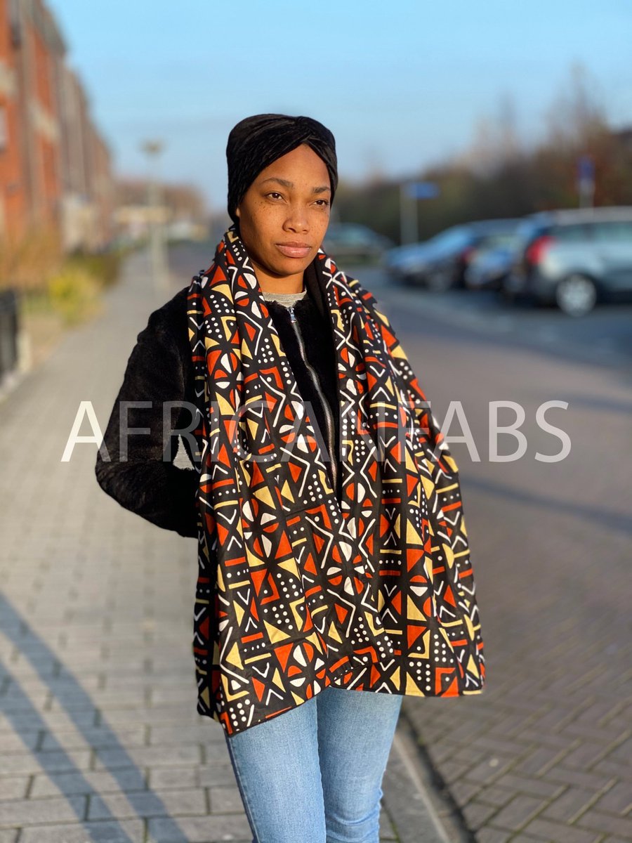 Warme Sjaal met Afrikaanse print Unisex - Bruin / Oranje / Beige mud cloth / bogolan - Winter sjaal / Fleece sjaal / Afrika print