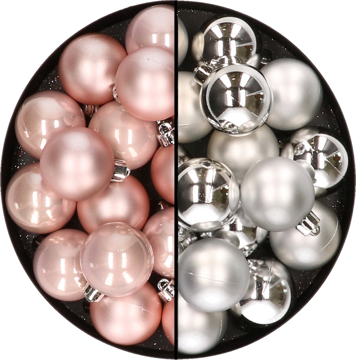 Set van 32 kunststof kerstballen in lichtroze en zilver, 4 cm.