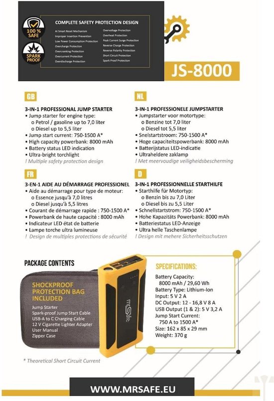 mr Safe professionnel Jumpstarter JS 8000 - 12V - 1500A - 3 en 1