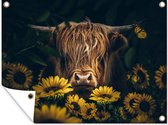 Tuinposter - Schotse hooglander - Bloemen - Dieren - Tuin - Koe - 120x90 cm - Schuttingposter - Tuindecoratie - Tuindoek - Buitenposter