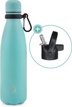 Wattamula Luxe design eco RVS drinkfles - lichtblauw - extra dop met rietje en carrier - 500 ml - waterfles - thermosfles - sport