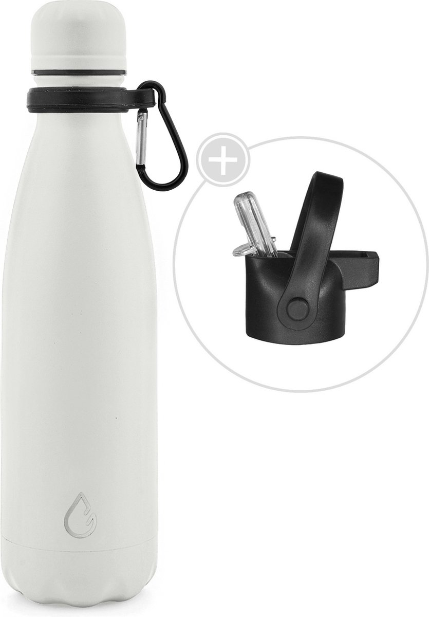 Wattamula Luxe design eco RVS drinkfles - wit - extra dop met rietje en carrier - 500 ml - waterfles - thermosfles - sport