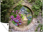 Tuinposter - Hortensia - Bloemen - Huis - Tuinschilderij - Doorkijkje - 120x90 cm - Tuin - Schuttingposter- Tuindoek