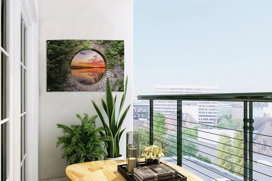 Affiche de jardin - Lac - Vue à travers - Soleil - Water - Toile de clôture - 60x40 cm - Peinture de jardin - Toile de jardin