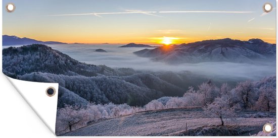 Tableau jardin d'hiver - Montagnes - Affiche jardin - Toile jardin - Hiver - Soleil - Soir - Décoration de jardin - 200x100 cm