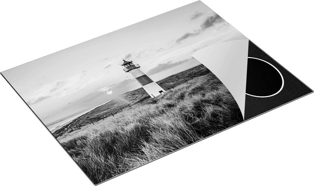 Chefcare Inductie Beschermer Vuurtoren met Zonsopgang op een Eiland - Zwart Wit - 77x59 cm - Afdekplaat Inductie - Kookplaat Beschermer - Inductie Mat