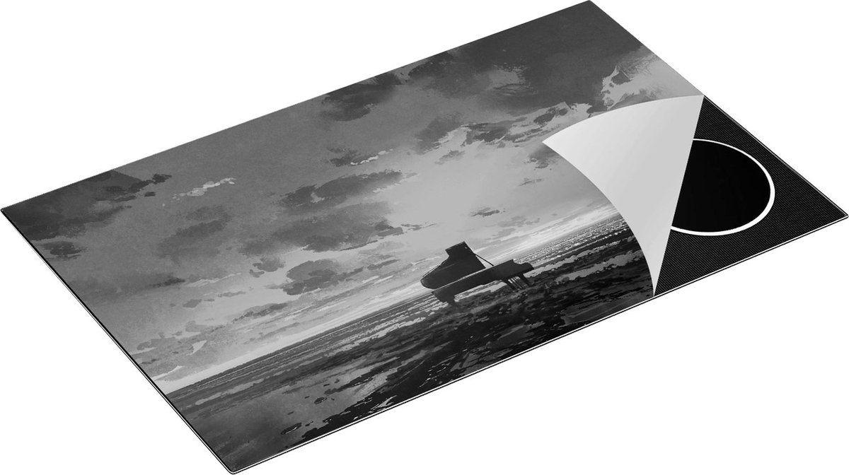 Chefcare Inductie Beschermer Piano op het Strand bij Zonsondergang - Zwart Wit - 85x55 cm - Afdekplaat Inductie - Kookplaat Beschermer - Inductie Mat