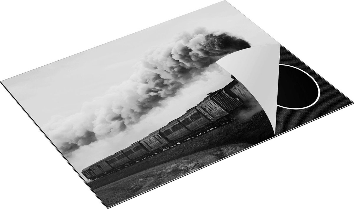 Chefcare Inductie Beschermer Locomotief Trein met Rook Wolken - Zwart Wit - 77x59 cm - Afdekplaat Inductie - Kookplaat Beschermer - Inductie Mat
