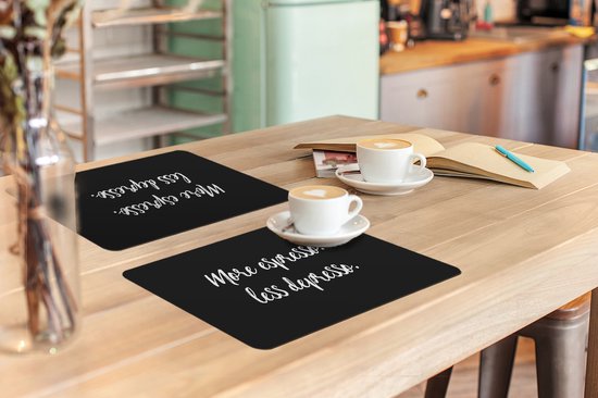 Set de table - Napperons en plastique - Citations - Café - Plus d'espresso Moins depresso - Proverbes - Espresso - 45x30 cm - 6 pièces - Résistant à la chaleur - Antidérapant - Pad - Amovible