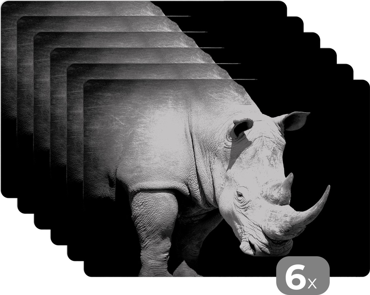 Placemats - Dieren - Neushoorn - Zwart - Wit - Wild - Eettafel- Onderlegger - 45x30 cm - 6 stuks