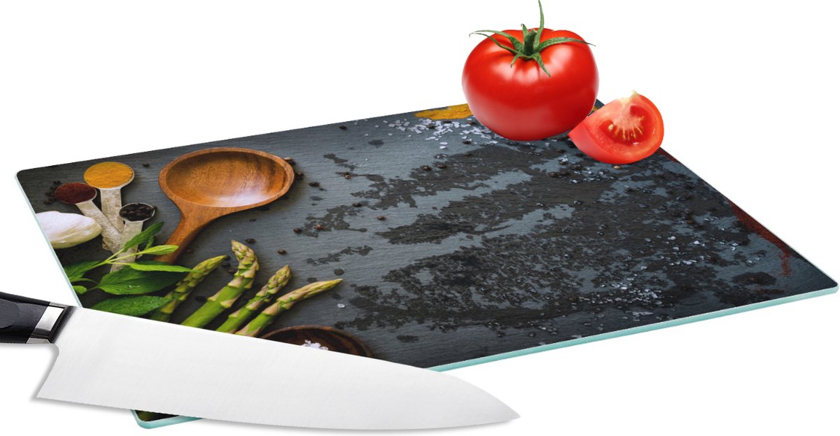 Glazen Snijplank - 28x20 - Kruiden - Pollepel - Keuken - Snijplanken Glas