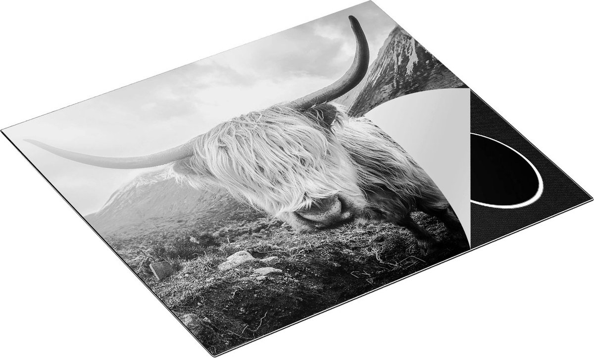 Chefcare Inductie Beschermer Schotse Hooglander Koe in de Bergen - Zwart Wit - 60x50 cm - Afdekplaat Inductie - Kookplaat Beschermer - Inductie Mat