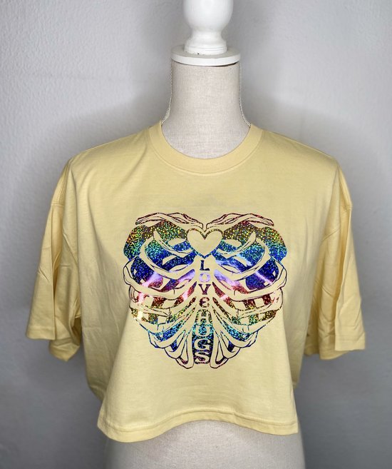 Crop Top - geel, Love Hugs Regenboog glitter skelet hart | skeleton heart graphic print - 100% katoen - T-shirt Maat M