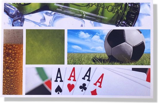 Collage met bier, voetbal, kaarten en ijsblokjes.