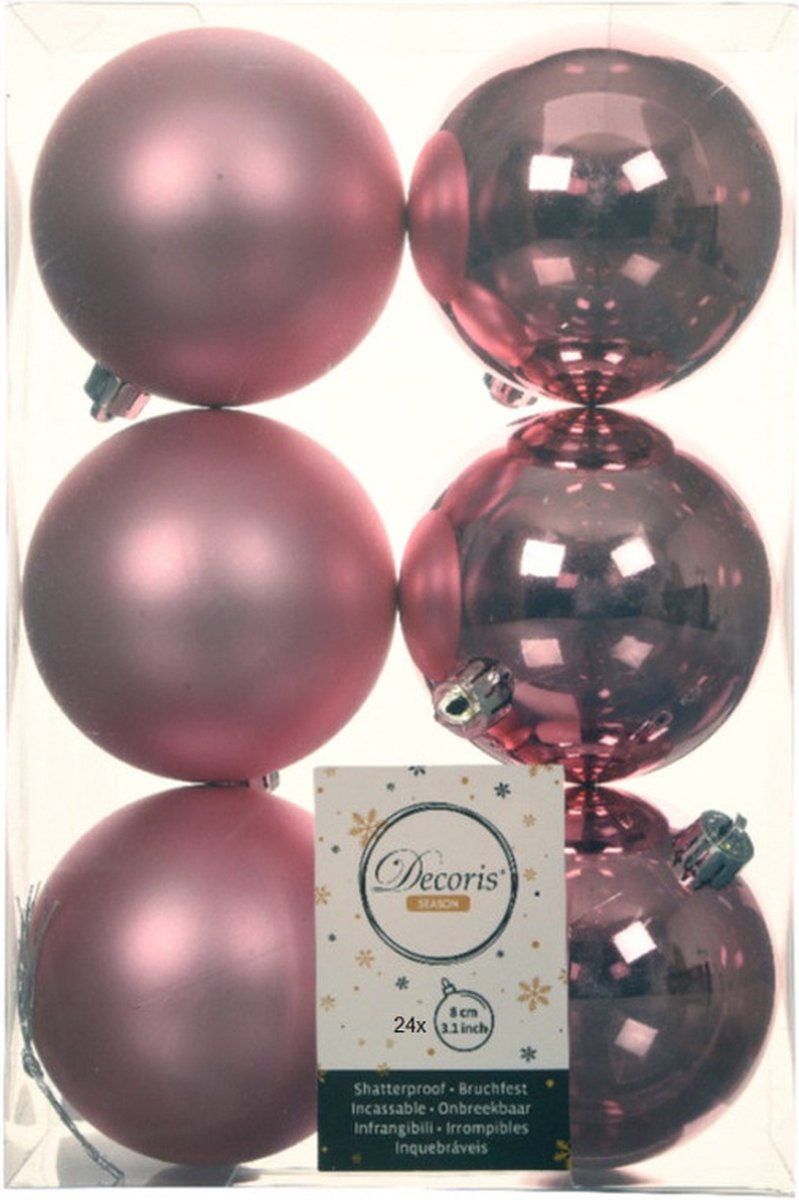 24x stuks kunststof kerstballen lippenstift roze 8 cm - Mat/glans - Onbreekbare plastic kerstballen