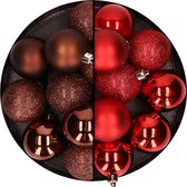 24x stuks kunststof kerstballen mix van donkerbruin en rood 6 cm - Kerstversiering