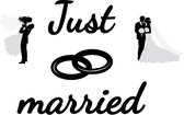 LBM raamsticker trouwen - Tekst just married met echtparen en trouwringen - Zwart