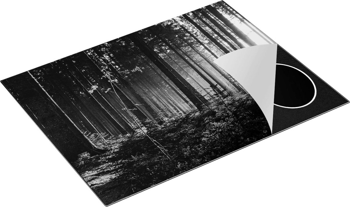 Chefcare Inductie Beschermer Bos met Zon tussen de Bomen - Zwart Wit - 77x59 cm - Afdekplaat Inductie - Kookplaat Beschermer - Inductie Mat