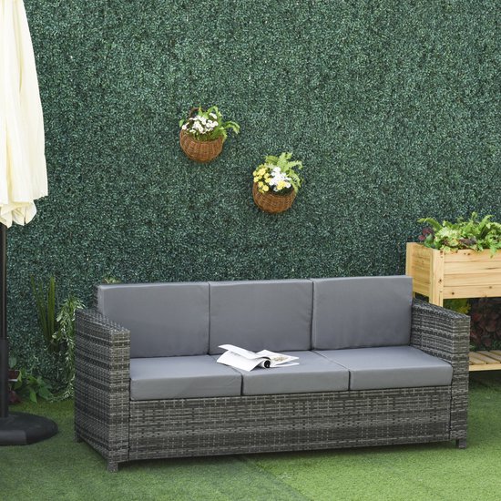 Outsunny Poly-rotan bank met kussens 3-zits loungebank tuin metaal polyester bruin 860-095V01-1 - Outsunny