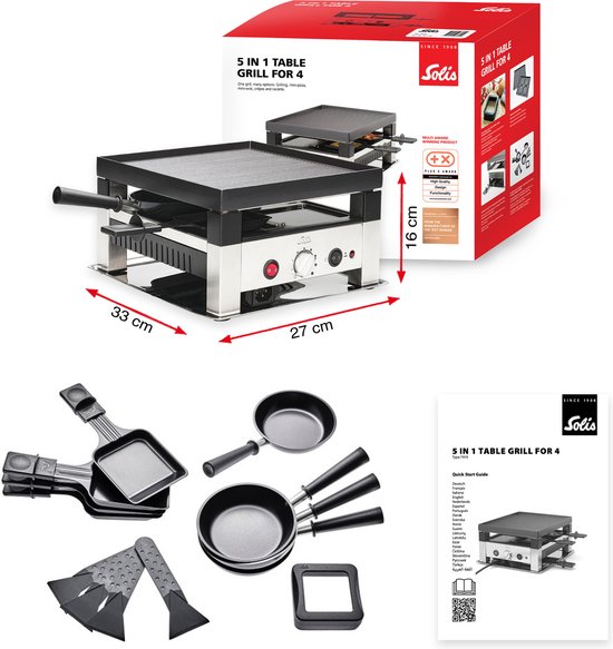 Productfoto van een 5-in-1 tafelgrill voor 4 personen. Afmetingen 33 x 27 x 16 cm. Inclusief grillplaat, pannetjes, spatels en handleiding. De doos is zichtbaar.