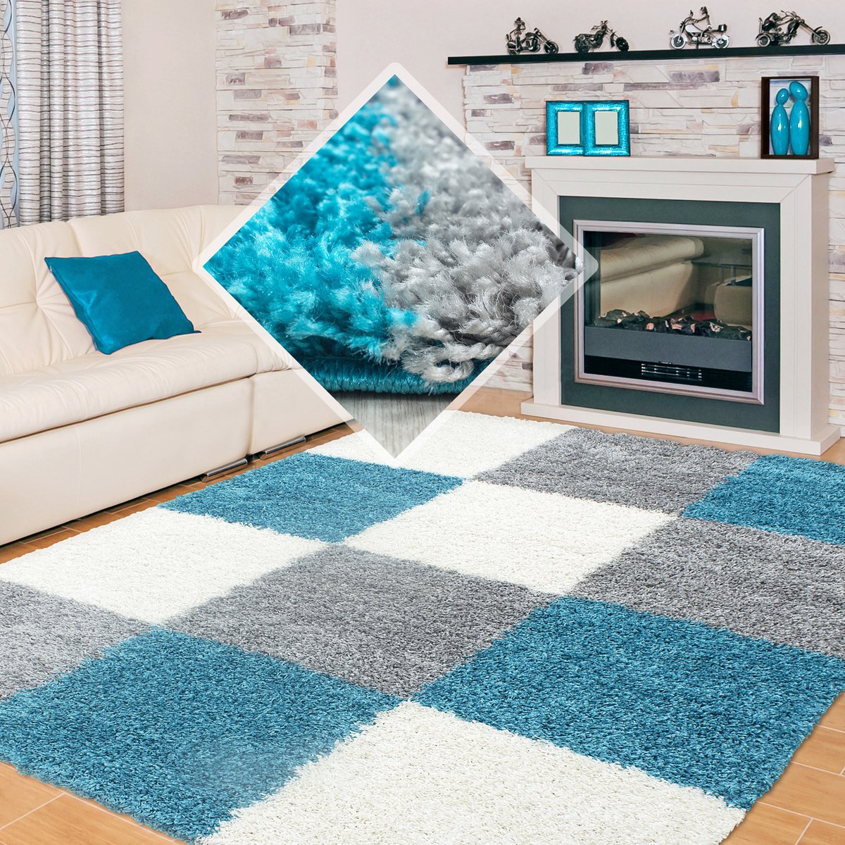 Muratap Basic Shaggy Geblokt vloerkleed Turquoise / Wit Hoogpolig- 200x290 CM