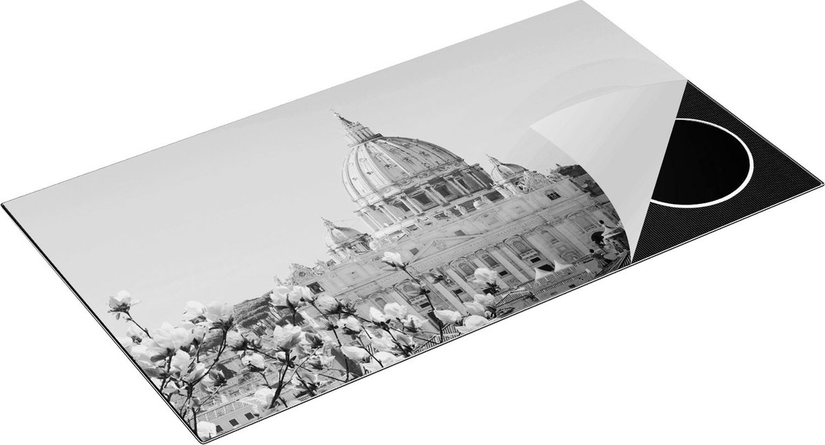 Chefcare Inductie Beschermer Sint Pietersbasiliek in Rome met Bloemen - Zwart Wit - 95x55 cm - Afdekplaat Inductie - Kookplaat Beschermer - Inductie Mat