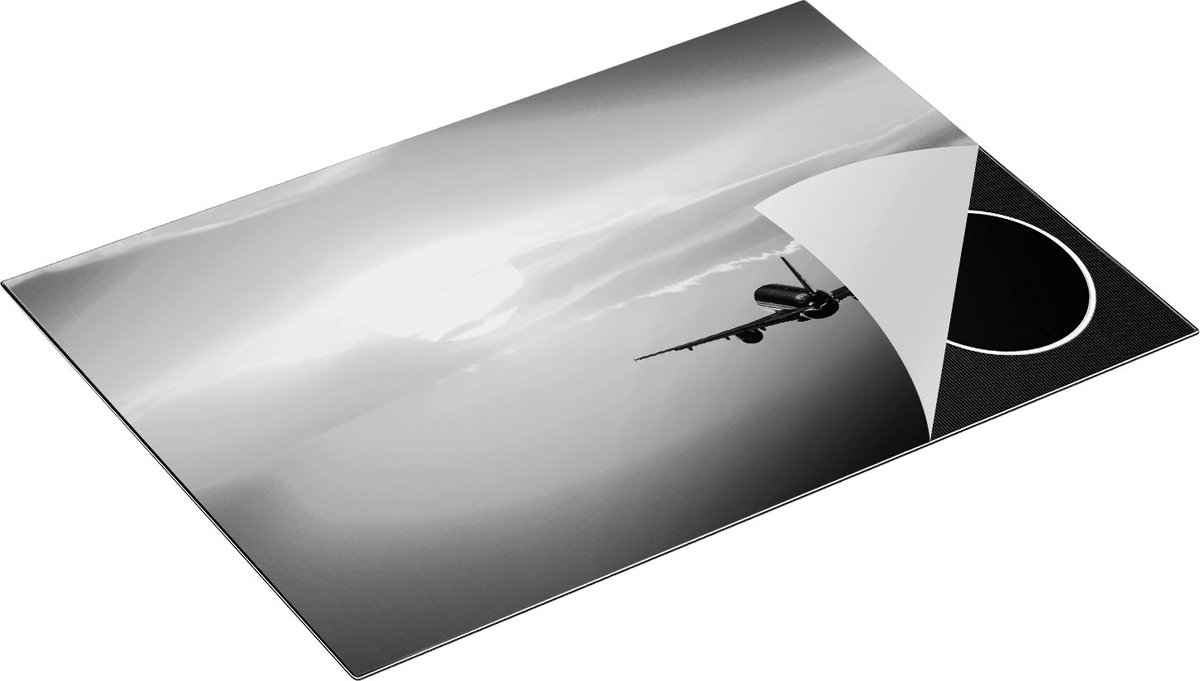 Chefcare Inductie Beschermer Vliegtuig bij Zonsondergang - Zwart Wit - 75x50 cm - Afdekplaat Inductie - Kookplaat Beschermer - Inductie Mat