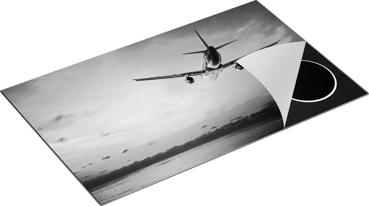 Chefcare Inductie Beschermer Vliegtuig Boven de Zee bij Zonsondergang - Zwart Wit - 85x55 cm - Afdekplaat Inductie - Kookplaat Beschermer - Inductie Mat