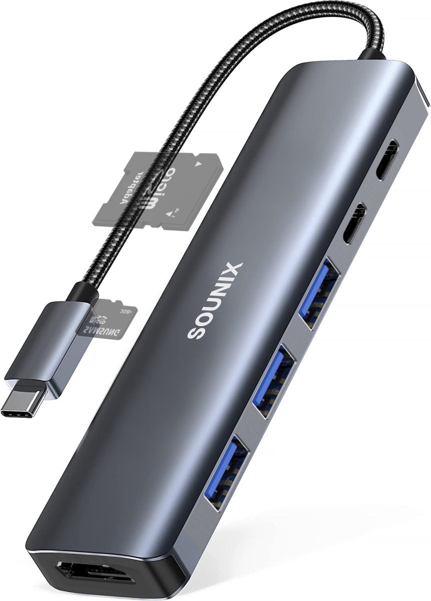 Sounix USB C Hub - 8 in 1 Docking Station - 4K HDMI - USB-C Opladen (tot 100W) - Type C Data - 3 x USB 3.0 - SD Kaartlezer
