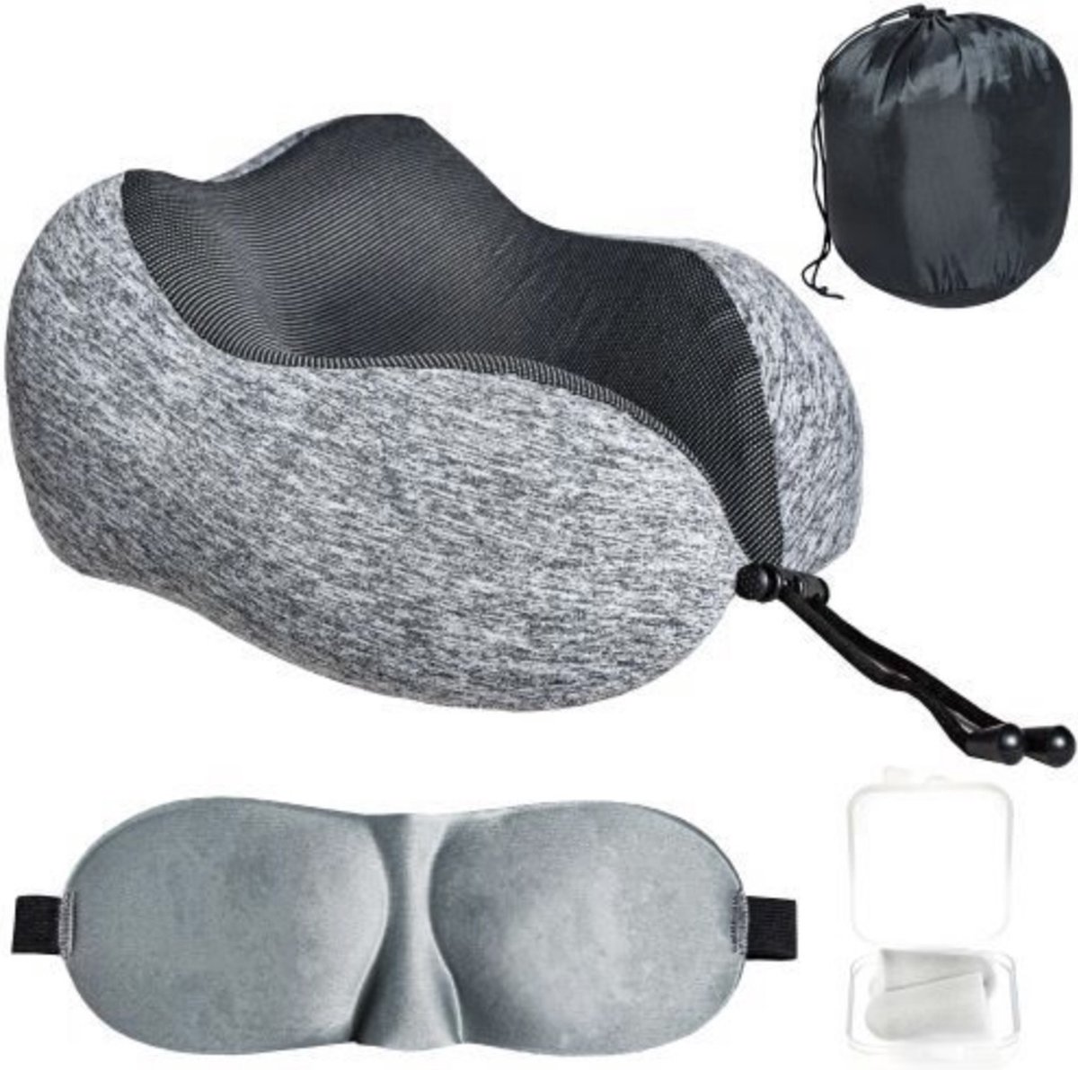 Memory Foam Nekkussen - Inclusief Slaapmasker En Oordopjes - Reiskussen - Travel Pillow - Neksteun Voor Reizen Auto Vliegtuig - Grijs