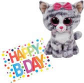 Pluche knuffel kat/poes Ty Beanie Kiki 15 cm met A5-size Happy Birthday wenskaart - Verjaardag cadeau setje
