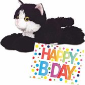 Pluche knuffel kat/poes zwart/witte van 20 cm met A5-size Happy Birthday wenskaart - Verjaardag cadeau setje