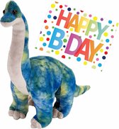 Pluche knuffel Dino Brachiosaurus 25 cm met grote A5-size Happy Birthday wenskaart - Verjaardag cadeau setje - Een knuffel sturen