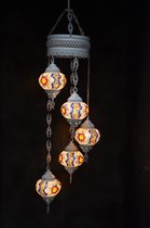 Hanglamp multicolour zilver glas mozaïek 5 bollen Turkse Oosterse Crèmewit Marokkaanse kroonluchter