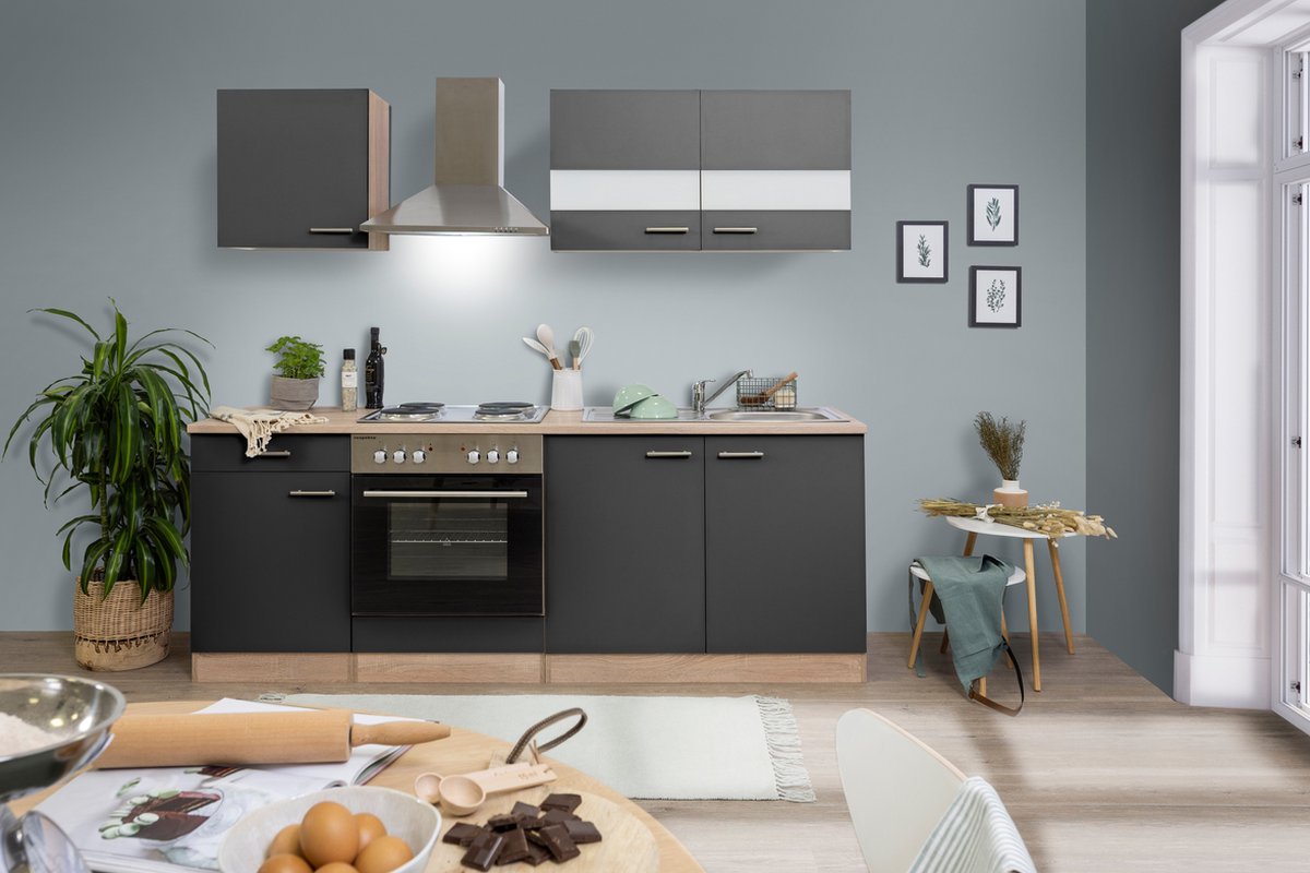 Goedkope keuken 210 cm - complete keuken met apparatuur Merle - Eiken/Grijs - soft close - elektrische kookplaat - afzuigkap - oven - spoelbak