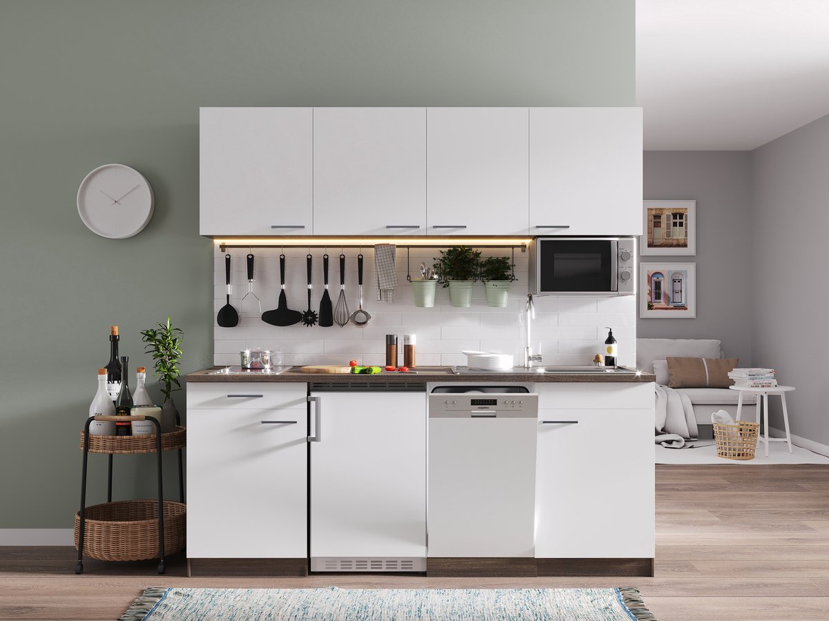 Goedkope keuken 195 cm - complete keuken met apparatuur Oliver - Donker eiken/Wit - keramische kookplaat - vaatwasser - magnetron - spoelbak