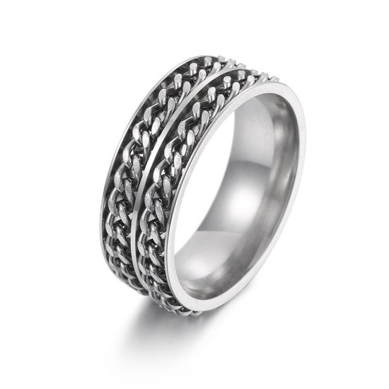 Anxiety Ring - (Dubbele Ketting) - Stress Ring - Fidget Ring - Anxiety Ring For Finger - Draaibare Ring - Spinning Ring - Zilver-Zilver - (22.25mm / maat 70)