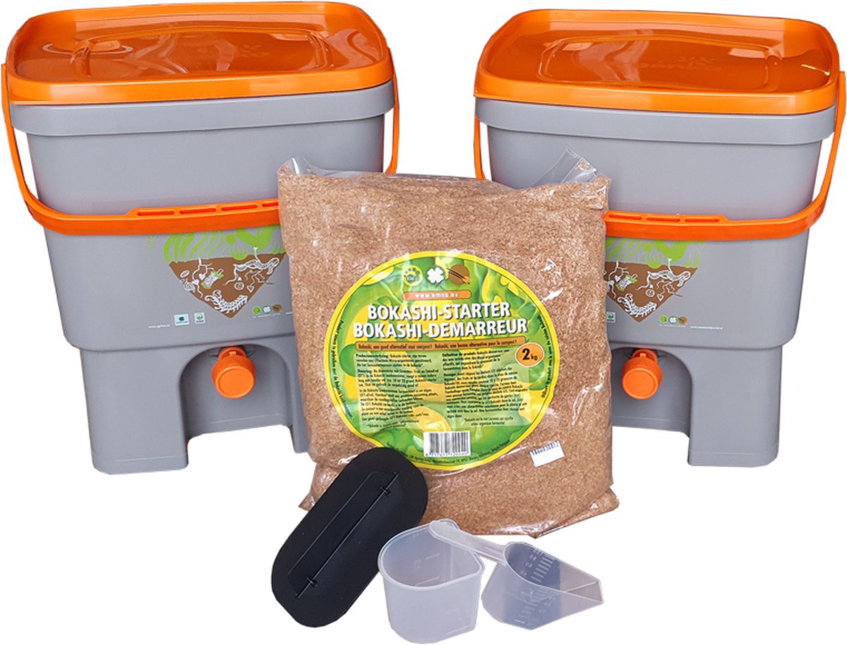 Bokashi Emmer Starterset - 2 Grijze Emmers + Ferment + EM Actief + Gids - Japans Design