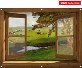 D&C Collection - Tuindoek doorkijk - 130x95 cm - openslaand bruin venster naar koeien in landschap - tuinposter - tuin decoratie - tuinposters buiten - tuinschilderij