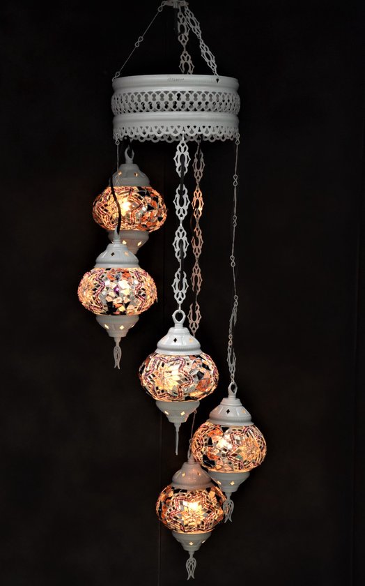 Hanglamp multicolour zilver glas mozaïek 5 bollen Turkse Oosterse Crèmewit  Marokkaanse kroonluchter