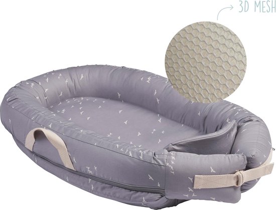Voksi Baby Nestje -Premium Mesh - Babynestje -Babynestjes met mesh matrasje - Stone Grey Flying