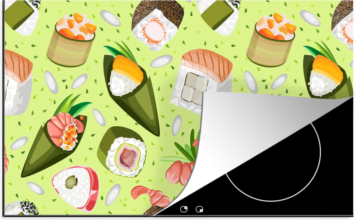 KitchenYeah® Inductie beschermer 91.6x52.7 cm - Patronen - Sushi - Japan - Groen - Kookplaataccessoires - Afdekplaat voor kookplaat - Inductiebeschermer - Inductiemat - Inductieplaat mat