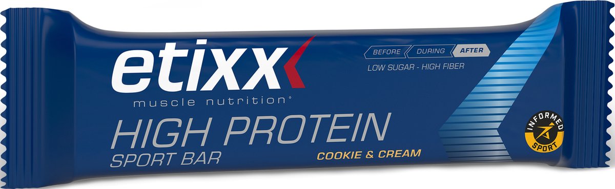 Goedkoopste Etixx High Protein Sport Bar - Muscle Nutrition - Sport Reep - 12X55 gram - Cookie & Cream - Mix van senlle en trage eiwitten - Laag aan suikers - Rijk aan vezels