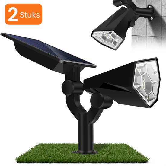 HEKO Solar® Tuinverlichting Spotta - 2 Stuks - Solar Tuinverlichting Op Zonneenergie - Wandlamp Buiten - Tuinlamp - Tuinspot - 26 LEDlamp - Dag nacht sensor - Schijnwerper - Met Grondspies - Warm en Koel Wit Licht